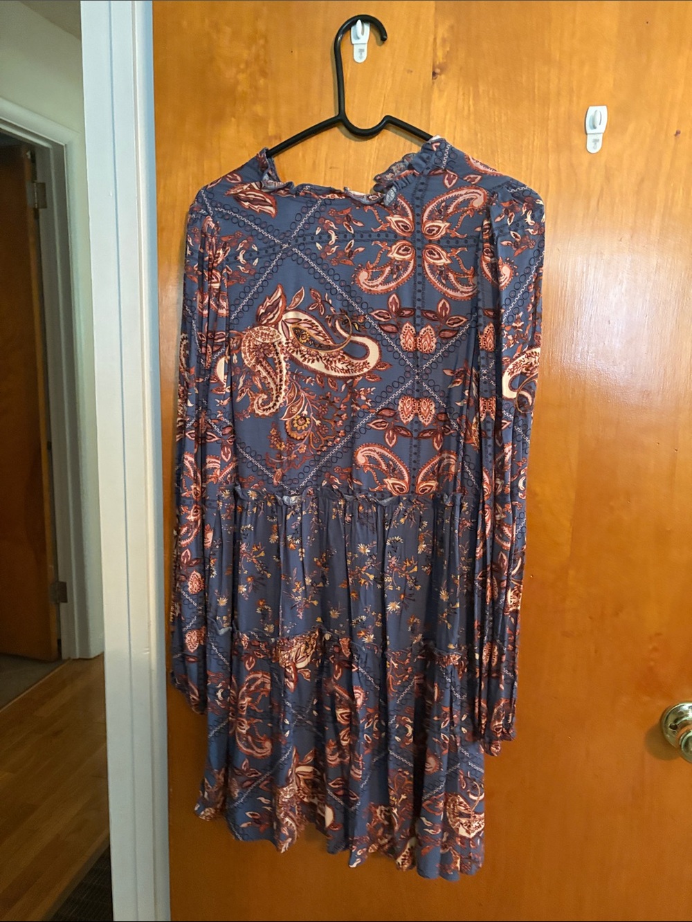 True Craft Navy and Rust Paisley Long Sleeve Tiered Dress